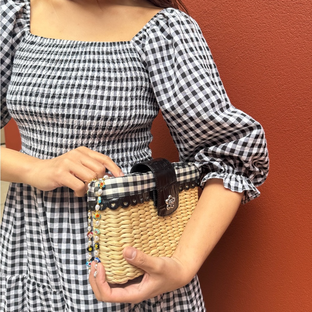 Black and White Gingham Smocked Sundress with Puff Sleeves - Size Medium - Picture 11 of 15